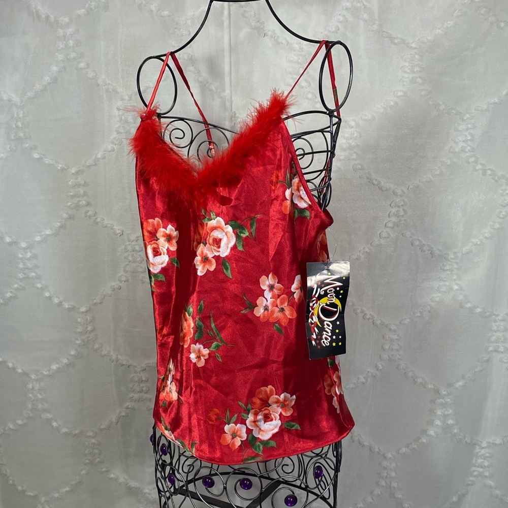 NWT Moon Dance Size M Red Floral Satin Camisole with Feather Trim - Picture 7 of 8